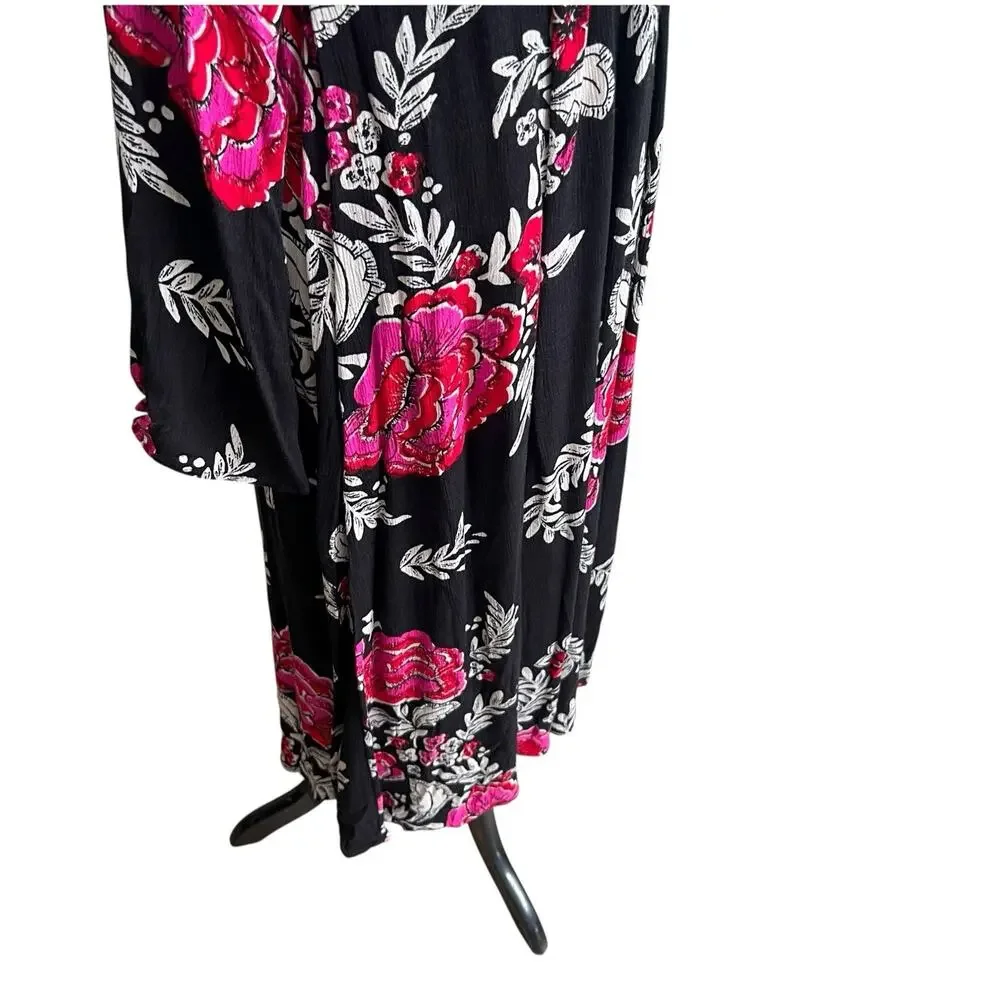 Billabong Women's Floral Whispers Wrap Dress Size Med Black Multi Bell Sleeves